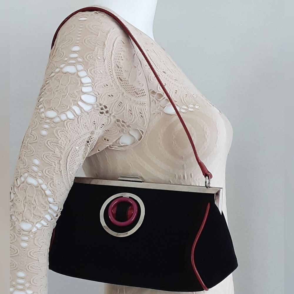 BALDININI Italy Black Suede Red Trim Shoulder Bag - Vtg